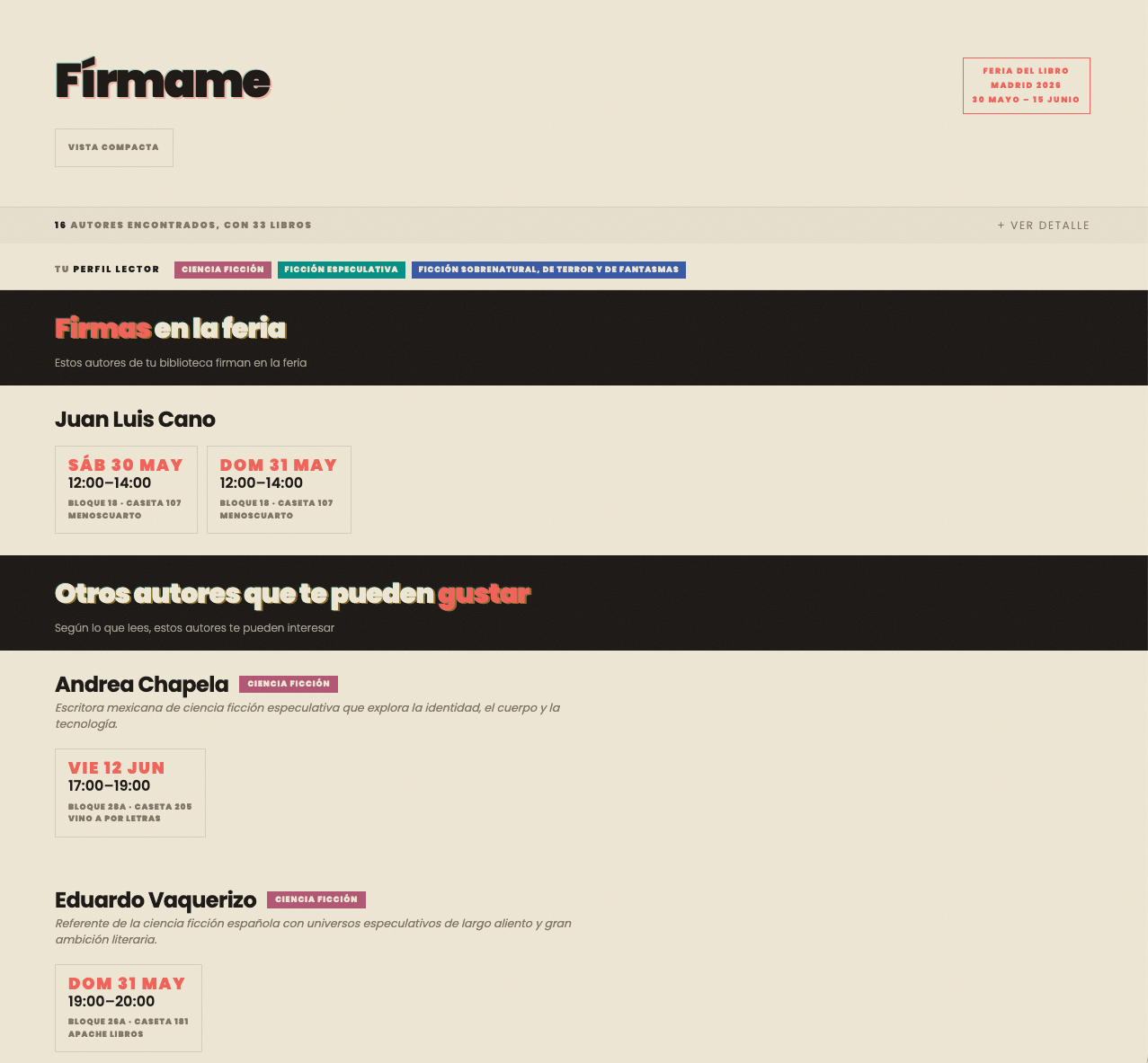 Pantalla de resultados de Fírmame con firmas y recomendaciones