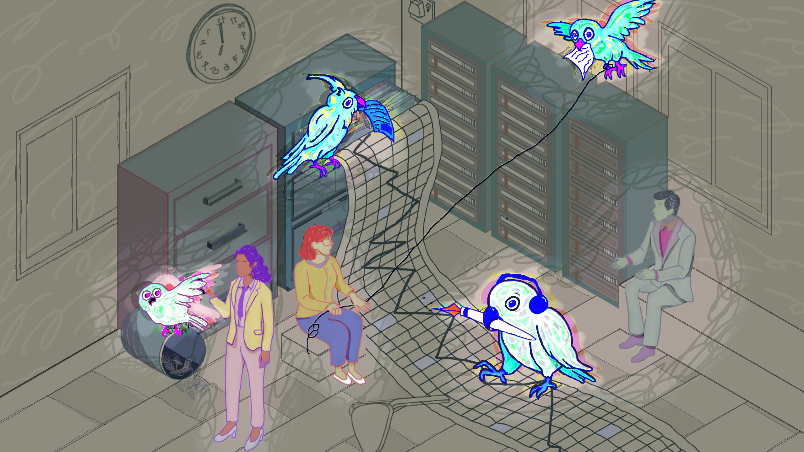Ilustración surrealista de una oficina con pájaros de neón interactuando con elementos digitales alrededor de tres personas junto a servidores y archivadores; un pájaro escribe sobre una malla digital, otro lleva un papel.